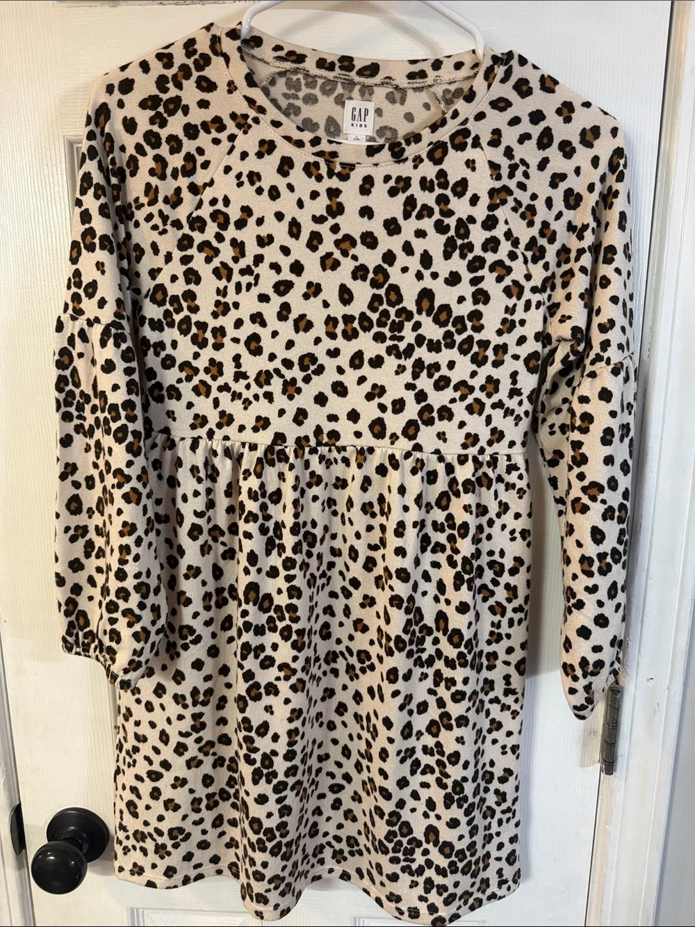GAP Girls Leopard Print Long Sleeve Dress in Beige, Tan & Black